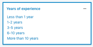Filters by years of experience