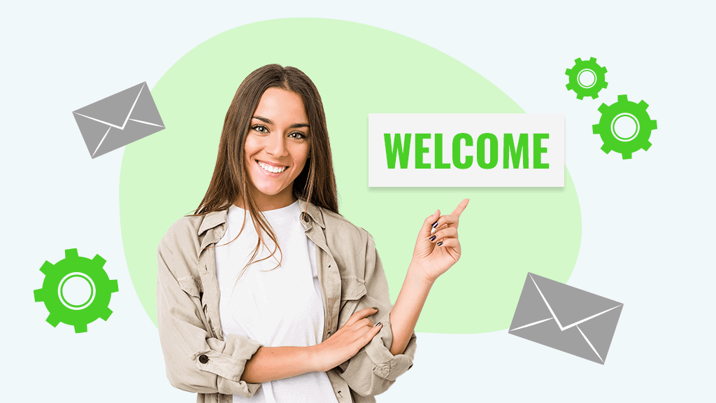 Woman pointing at welcome sign