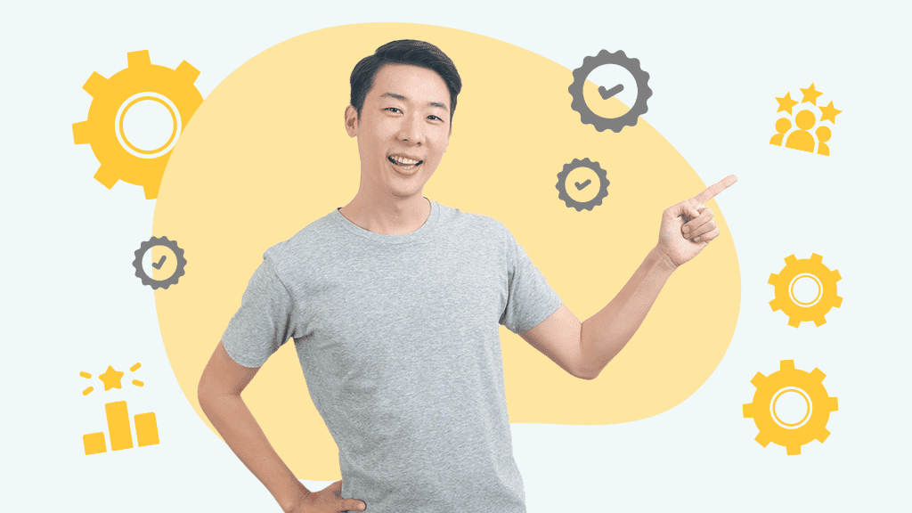 Asian man pointing surrounded by icons