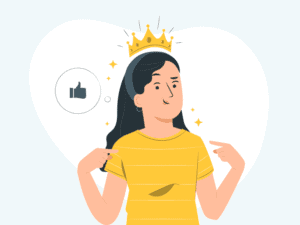 Cartoon woman with a crown pointing at herself