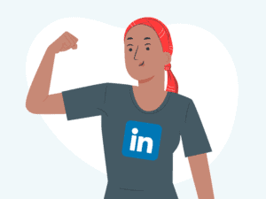Strong cartoon woman with LinkedIn logo on t-shirt