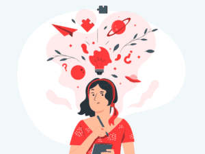 Cartoon woman with objects exploding from her head to represent creativity