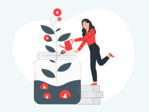 Cartoon woman "growing" her network as if it was a plant