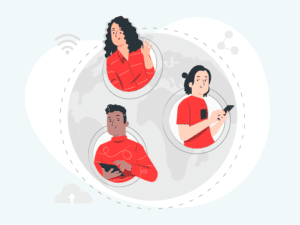 Cartoon people on a mini globe connecting with each other
