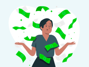 A happy woman surrounded by money