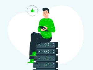 A cartoon man sitting on a stack of servers