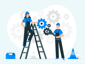 Person handing gears to another person on a ladder
