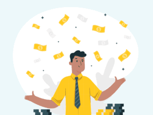 Cartoon man surrounded by money