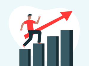 A cartoon man running up a bar chart