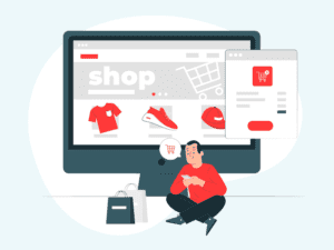 Cartoon man in front of large screen to represent ecommerce shopping