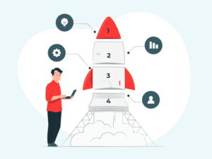 A rocket representing different elements of a growth strategy