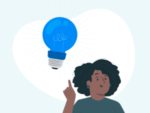 Lady standing in front of a large blue lightbulb