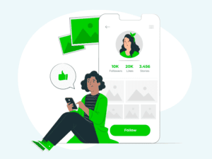 Cartoon woman beside a huge phone