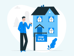 Real estate agent outside a house that's for sale