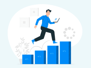 A cartoon man running up pillars 
