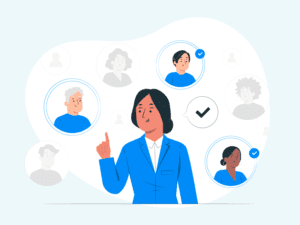 A cartoon woman with people around her in bubbles