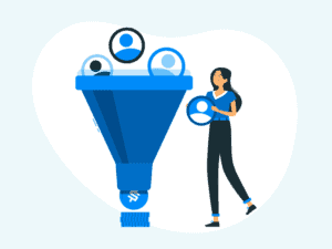 Cartoon lady putting avatars into a physical funnel