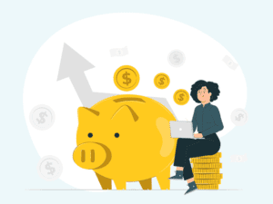 A cartoon woman sitting on coins beside a piggy bank