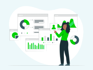 Cartoon woman looking at charts and graphs