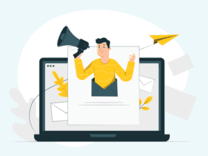 Cartoon man with a megaphone coming out of a laptop